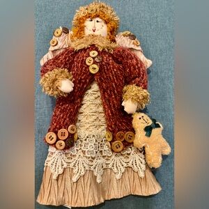 Handcrafted Rag Doll/Angel with Knitted Sweater, Wooden Buttons and Lace Dress